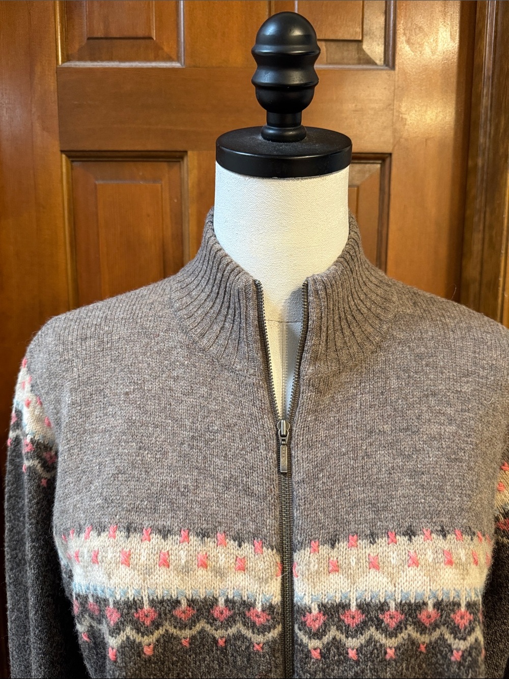 Woolrich Hickory Zip-Front Fair Isle Cardigan with Pink & Cream Accents Size L